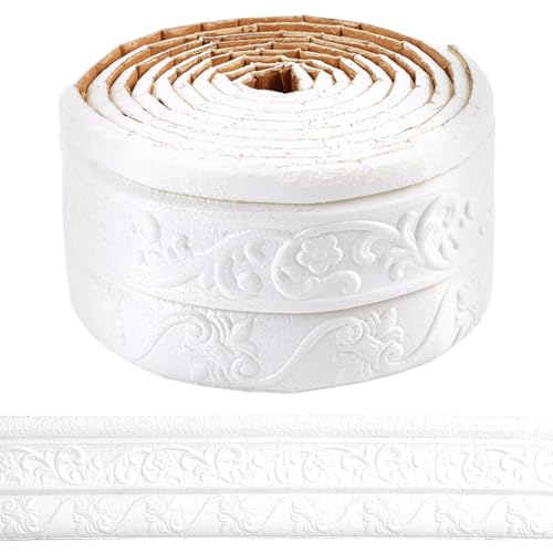 GORGECRAFT 2.3mx8cm Foam Baseboard Skirting Border Peel and Stick Flexible Moulding Trim White Wallpaper Border Flower Vine Embossed Dado Rail Strips Wall Edging Lines Mirror Frame Home Decor