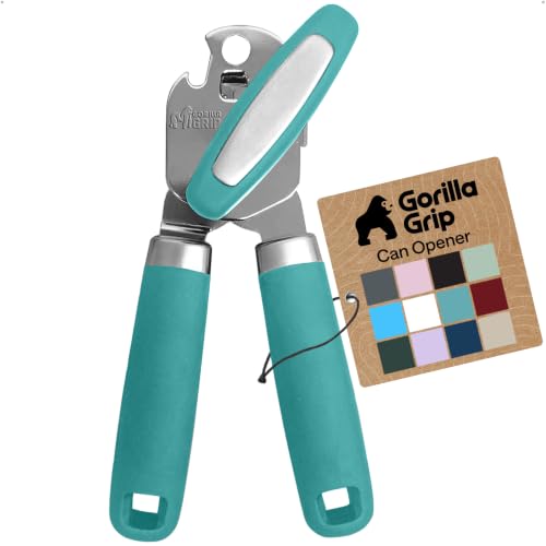 GORILLA GRIP Upgraded Model Stainless Steel Smooth Edge Manual Can Opener and Bottle Openers, US Designed, Comfortable Handle, Oversized Handheld Turn Knob, Multifunctional Kitchen Tool, Turquoise