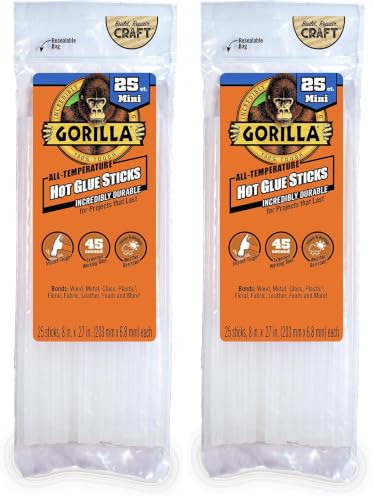 Gorilla Hot Glue Sticks, Clear Glue, Mini Size 8" Long x 0.27" Diameter, 25 Count (Pack of 2) - Safe for All Temperatures with Extended Working Time