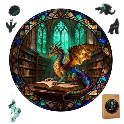 Gothic Revival Library Dragon Wooden Jigsaw Puzzle for Adults - 200 Pieces, 11.3" x 11.3" - Unique Dragon & Book Art, Creative Gift & Fun Family Game