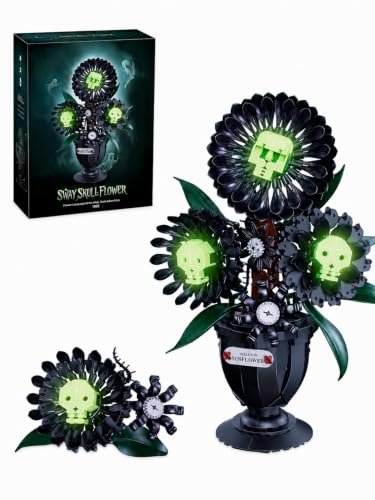 Gothic Skull Flower Building Set, 848 Pcs Glow-in-the-Dark Black Botanical Building Blocks Kit, Dark Bloom Flower Pot Model for Halloween Decor, Goth Room Shelf Display, Gift for Adults and Teens