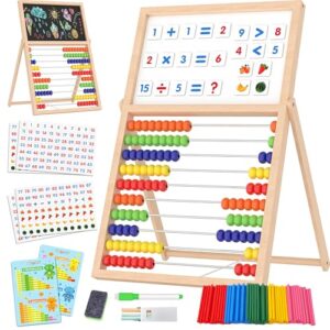 Gotoofun Wooden Abacus for Kids Math - Double-Sided Blackboard Whiteboard for Toddlers with 308 Magnetic Number & Fruit Cards, 100 Counting Sticks Montessori Educational Toys Homeschool Essentials