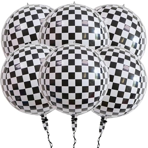 GOTPASS Black White Checkered Balloons 4Pcs 22 Inch 4D Checkered Balloons Checkered Party Balloons Race Car Themed Birthday Party Decorations Supplies
