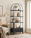GOUUN Arched Bookshelf with Doors 71 Inches Tall Arch Bookcase Black Mid Century Modern Book Shelf with Storage Cabinet Heavy-Duty Shelving Board Aesthetic Display Shelving Unit for Living Room/Office