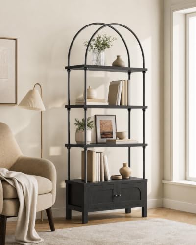 GOUUN Arched Bookshelf with Doors 71 Inches Tall Arch Bookcase Black Mid Century Modern Book Shelf with Storage Cabinet Heavy-Duty Shelving Board Aesthetic Display Shelving Unit for Living Room/Office