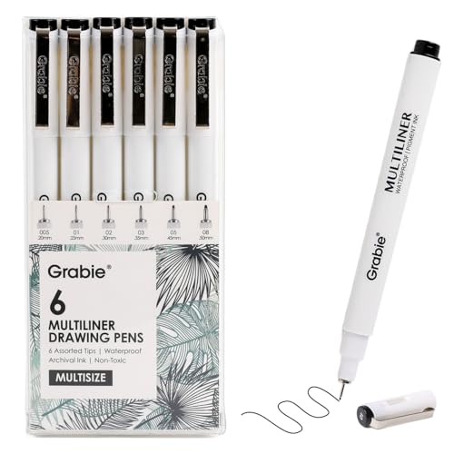 Grabie Micro Fineliner Pens, 6 Black Fine Line Waterproof Drawing Pens, Assorted Point Sizes for Sketching, Illustration, Journaling, Art Supplies