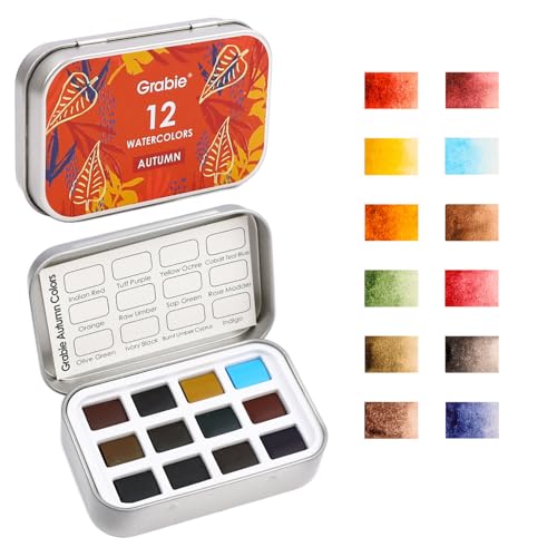 Grabie Pocket Watercolor Set of 12, Travel Watercolor Paint Set, Watercolor Paints, Art Supplies for Painting, Great Watercolor Set for Artists, Amateur Hobbyists and Painting (Autumn)