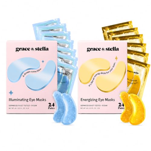 grace & stella Award Winning Under Eye Mask Reduce Dark Circles, Puffy Eyes, Undereye Bags, Wrinkles, Gel Under Eye Patches, Get Well Gifts for Women (48 Pairs, Gold & Blue)