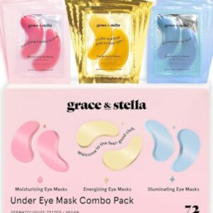 grace & stella Under Eye Mask - Reduce Dark Circles, Puffy Eyes, Undereye Bags, Wrinkles - Gel Under Eye Patches, Bulk Gifts for Women - Vegan Cruelty-Free Self Care (72 Pairs, Gold, Pink, & Blue)