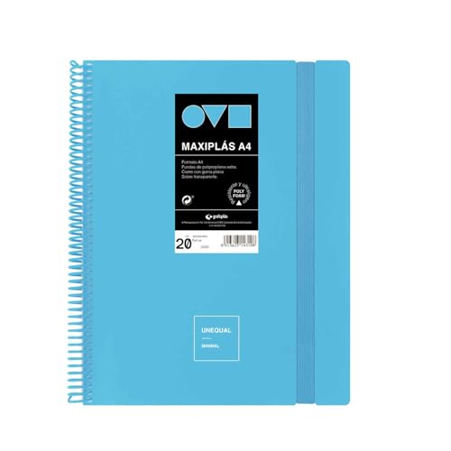 Grafoplas | A4 Plastic Sleeve Folders | 20 Transparent Linings | Rigid Polyfoam Covers | Resistant and Ultralight | Pastel Blue | Spiral PVC | Minimal Unequal | School Supplies