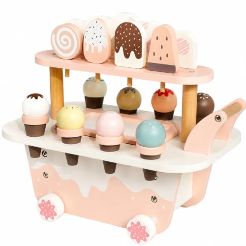 Gralara Children Role Play Cart Wooden Ice Cream Cart Dessert Stand Toy Trolley with Play Tokens Compact Tabletop Design Smooth Rounded Edges Suitable for playrooms bedrooms Preschool classrooms