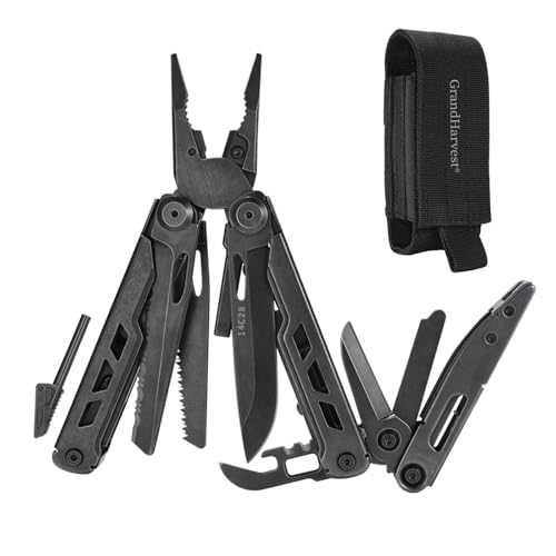 GrandHarvest professional multitool, large folding scissors, multifunction pliers, folding knife, equipped with a nylon case, suitable for camping, outdoor activities, and repairs