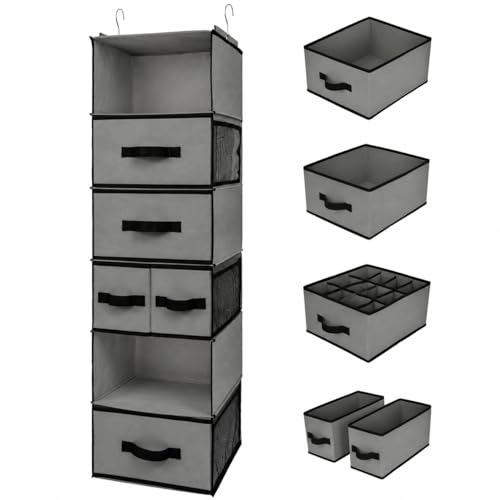 GRANNY SAYS Hanging Closet Organizer 6 Shelves, Closet Organizers and Storage with 5 Drawers, 6 Side Pockets Closet Hanging Organizer, Hanging Storage Organizer for Closet, Baby Clothes, Gray