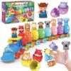 Grarain Toddler Train Toy Set with Farm Animal Finger Puppets & Eggs, Montessori Educational Color Number Sorting Matching Learning Toys for Kids Boys Girls 1-3 Year Old, Fine Motor Gifts