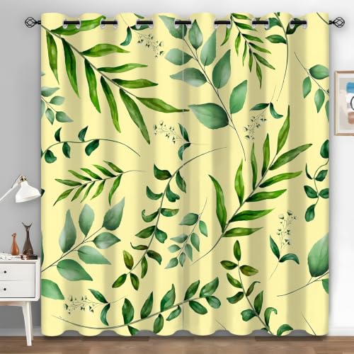 Green Leaves Blackout Curtains for Bedroom Living Room 90 Inches, Thermal Insulated Darkening Drapes Simple Printed Grommet Top Light Blocking Yellow Window Treatments, 55 x 90 Inch 2 Panels L133