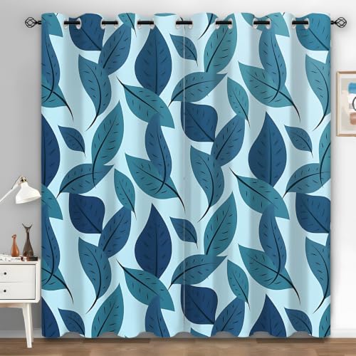 Green Leaves Blackout Curtains for Bedroom Living Room 96 Inches, Thermal Insulated Darkening Drapes Simple Printed Grommet Top Light Blocking Blue Window Treatments, 55 x 96 Inch 2 Panels L141