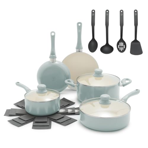 GreenLife 16-Piece Nonstick Cookware Set, Non-Toxic Ceramic Pots and Pans Set, Durable Healthy Kitchen Essentials, Fast Heating, Induction Ready, Easy Clean Dishwasher Safe, PFAS-Free, Mint Green