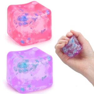 Gretex Fidget Toy for All Ages: 2 Pack Soft Sensory Fidget Ice Cube Stress Ball Squishy Cube Stress Relief Toys for Kids, Teens and Adults Party Favors, Birthday Gift for Kids Age 3+, Purple Pink
