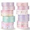 Grevosea 10 Rolls Cute Washi Tapes, Gold Foil Print Decorative Craft Tape Washi Tape Bulk for DIY Crafts Arts Planners Wrapping Journaling Scrapbooking Supplies (1cm, 2cm, 5cm)