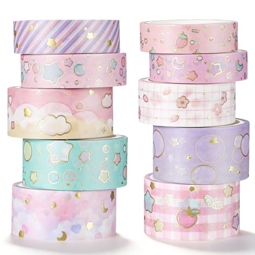 Grevosea 10 Rolls Cute Washi Tapes, Gold Foil Print Decorative Craft Tape Washi Tape Bulk for DIY Crafts Arts Planners Wrapping Journaling Scrapbooking Supplies (1cm, 2cm, 5cm)