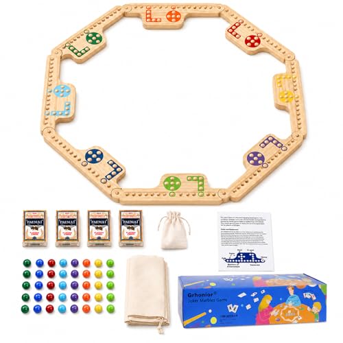 Grhonior Pegs and Jokers Board Game, Wooden Jokers and Marbles Board Game for 2-8 Players, Solid Pine Wood Set, 8 Interlocking Boards, 40 Colored Pegs, 4 Card Decks, 2 Storage Bags & Instructions