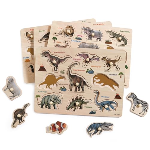 GRINNIE Toddler Animal Puzzle for 3 4 5 Years Old, Montessori Wooden Peg Puzzles Set for Toddlers 2-4, Preschool Education Learning Animals Toy Gift for Boys Girls Birthday Christmas