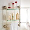 GRIPITHPY 2-Tier Gold Wall Mounted Tempered Glass Bathroom Shelf with Towel Rack, Modern Bathroom Organizer Shelves, Contemporary Glass Shelf for Bathroom Kitchen(15.7" W x 6" D x 22" H, Gold)
