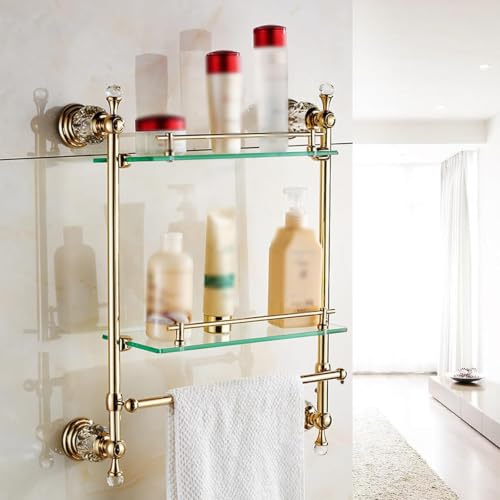 GRIPITHPY 2-Tier Gold Wall Mounted Tempered Glass Bathroom Shelf with Towel Rack, Modern Bathroom Organizer Shelves, Contemporary Glass Shelf for Bathroom Kitchen(15.7" W x 6" D x 22" H, Gold)