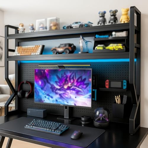 GRIPITHPY Heavy-Duty Desk Shelf Organizer with Pegboard,Dorm Desk Hutch Shelf k Shaped Stand,Multipurpose 2-Tier Desktop Display Rack for Office Dorm Gaming Desks(53.1" Lx9.9 Wx39 H,Black)