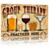 Group Therapy Practiced Here Aluminum 8X12in Retro Style Wall Decor Sign Featuring Assorted Beer Wine Cocktail Shot Glass Designs For Home Bar