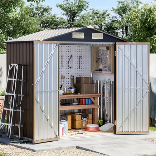 Grovellis 4x6FT Outdoor Metal Storage Shed with Frame Floor,Double Doors,with Frame Floor,Tool Shed for Garden, Patio, Backyard Brown
