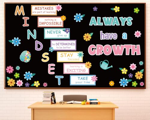 Growth Mindset Bulletin Board Set Flower Theme Poster Positive Educational Sayings Accents Decoration Inspiration Classroom Wall Display Set Brain Cutouts for School Office Home Teacher Classroom Wall