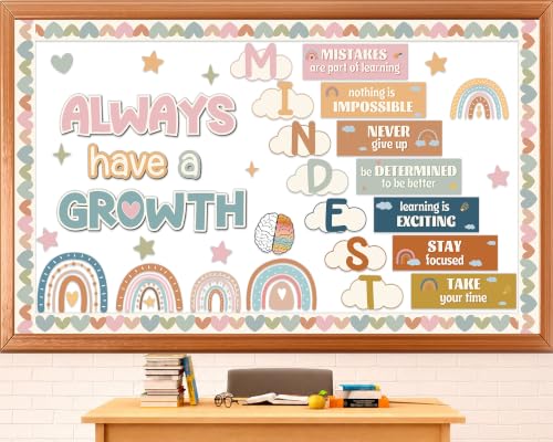 Growth Mindset Bulletin Board Set Motivational Classroom Decoration Always Have a Growth Bulletin Board Decoration Inspirational Affirmations Paper Cutouts for Back to School Wall Door Decor(Boho)