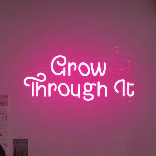 "Grow Through It" Small Butterfly Accent Text Neon Sign, USB Powered Stepless Dimmable Growth Inspirational Themed Glowing Wall Lamp, Calming Ornament For Bedroom, Florist, Self-Care Lounge & Art Studio Wall Decor