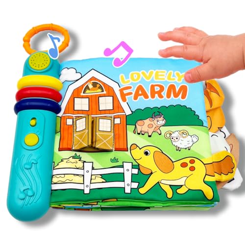 GRWXHB Baby Song Books 0-6-12 Months, Nontoxic Fabric Baby Cloth Books with Music and Lights Newborn Infant Carseat Toys 6-9-12 Months Shower Gifts Easter Basket Stuffers (Farm)