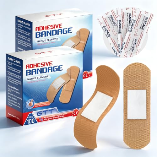 GTT Adhesive Bandages 2 Boxes (200 Count) – Waterproof Sterile Bandages for Minor Cuts & Scrapes, Breathable Flexible First Aid Plasters, Strong Adhesion for Home, Office & Travel Us