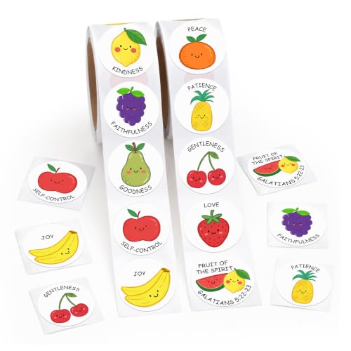 Gueevin 1000 Pcs Fruit of the Spirit Scented Sticker Roll Fruit Religious Stickers Back to School Motivational Training Stickers Bible Christian Decor for Kids Teacher Reward Class, 10 Styles 2 Rolls