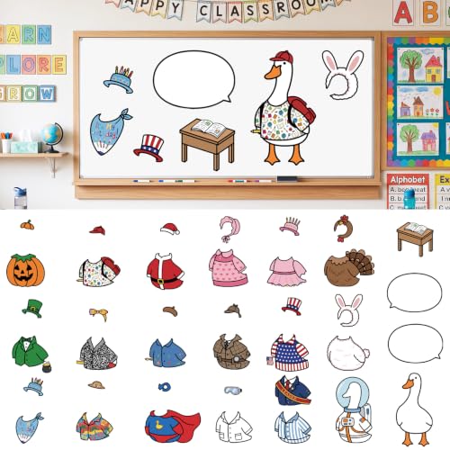 Gueevin 20 Pcs Magnetic Outfits & Reusable Erasable Speech Bubbles Classroom Goose Mascot Kit with Magnetic Back 15.7 Inch Classroom Management Tool for Teacher Behavior Chart Reward System (Creative)