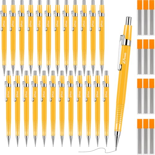 Gueevin 24 Pcs Yellow Mechanical Pencil 0.9mm Metal Penpoint Mechanical Pencil Retractable Automatic Drafting Pencils Refills for Back to School Supplies Writing Drawing Signature