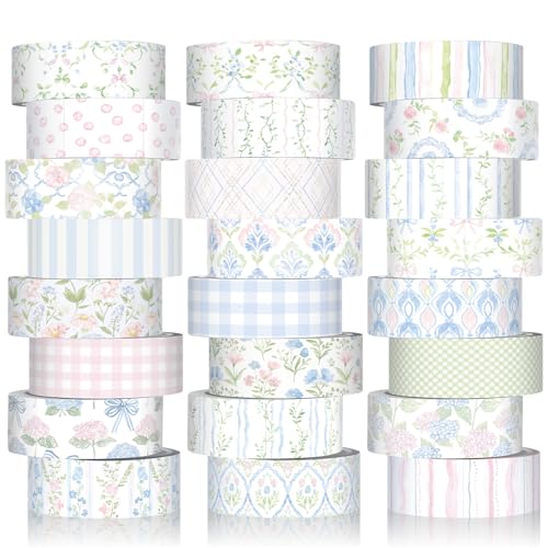 Gueevin 24 Rolls Floral Washi Tape Set 15 mm Watercolor Decorative Flower Washi Tape for Back to School Craft Arts DIY Scrapbook Journaling Supplies Gift Wrapping(Flower and Bows)