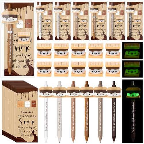 Gueevin 24 Set Back to School S'more Marshmallow Appreciation Gifts Pens with Thank You Card Mini Resin Desk Pet Camping Party Favors Inspirational Gifts for Teacher Student Office Coworkers Staff