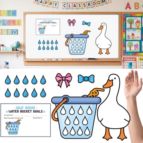 Gueevin Magnetic Classroom Management Tool & Behavior Management System—Goose Reward Chart Set with Goal Card, Water Drops, Bows & Dry Erase Markers for Back to School Incentive Behavior Training