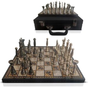 Guruji Divinity Collectible Metal Brass Chess Set Tribal Warli Art in Leather Storage Box. (12 X 12 in)