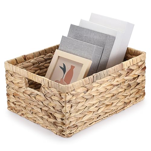 GUSHBIN Natural Water Hyacinth Storage Basket Home Rectangular Organizer with Built-in Handles Square Shallow Bin Large Shelf Basket for Home Decor, 15.9"L x 12"W x 7.1"H