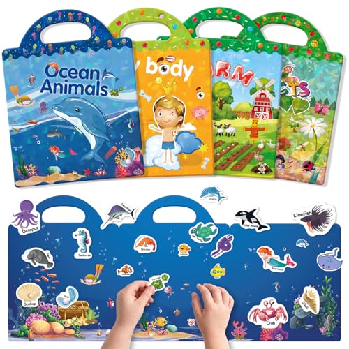 GUYUCOM Reusable Sticker Book for Children from 2 3 4 Years, Set of 4 Jelly Sticker Albums Waterproof & Portable, Toy Girls & Boys, Sticker Book Children's Birthday Gift Easter