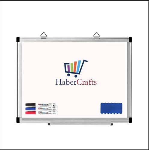Habercrafts Large Magnetic Whiteboard 60 x 90cm Dry Erase White Board with 3 Colour Pens Eraser Tray Silver Aluminium Frame Hangable Dry Wipe Writing Board for Office, Home & School (60cm x 90cm)
