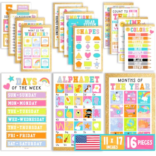 Hadley Designs 16 Educational Posters for Classroom Must Haves - Laminated Pre-K Posters for Toddler Homeschool Essentials, Toddler & Preschool Learning Activities, Kindergarten Classroom Decor