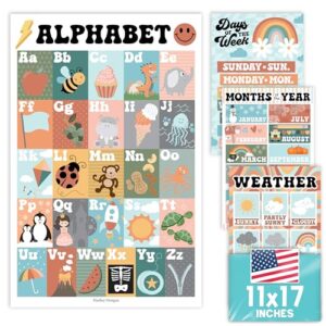 Hadley Designs 4 Alphabet, Months of the Year, Weather, Days of The Week Calendar For Kids, ABC Chart for Wall for Toddlers, Laminated Charts for PreK Classroom or Homeschool, Retro Posters 11x17