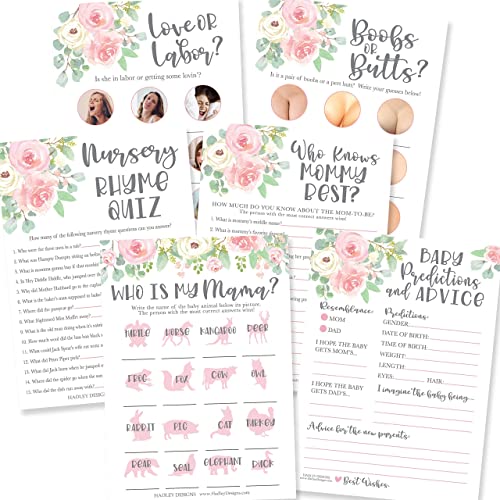 Hadley Designs 50 Floral Who Knows Mommy Best, Baby Prediction and Advice Cards etc., 25 Love or Labor, Boobs Or Baby Butts Gender Reveal-6 Double Sided Cards Baby Shower Funny Games