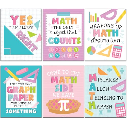 Hadley Designs 6 Math Posters – Fun & Motivational Math Posters for Elementary, Middle & High School, Teacher Must Haves for Classroom Decor & Bulletin Board Sets, Pastel Classroom Decor